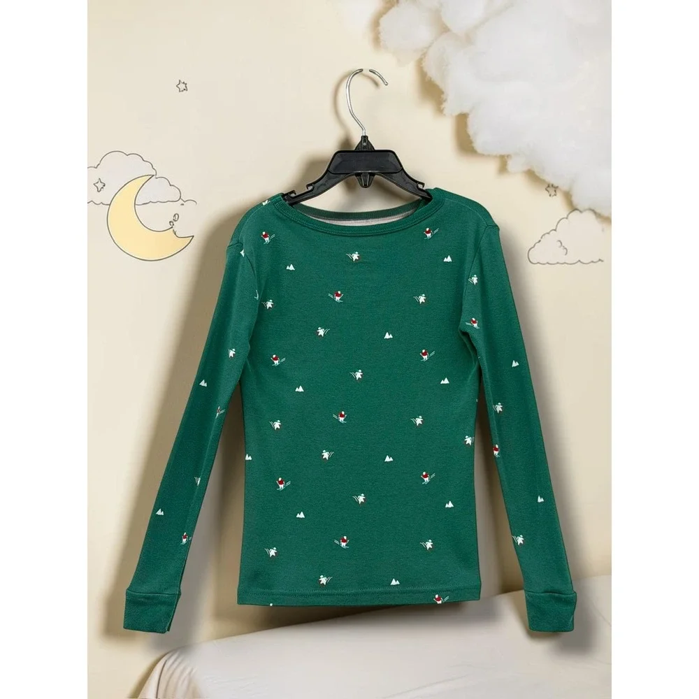 Kids Winter Skier Mountain Print Forest Green Pajama Set Loungewear